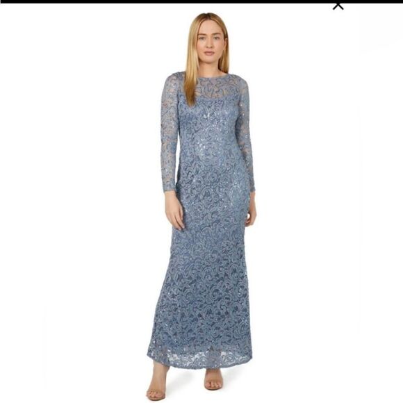 NWT! MARINA Elegant Blue Lace Evening Gown - Picture 1 of 6
